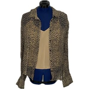 J.Crew Leopard Print Button Down Blouse & Cami Set 14 Brown Sheer Animal Print